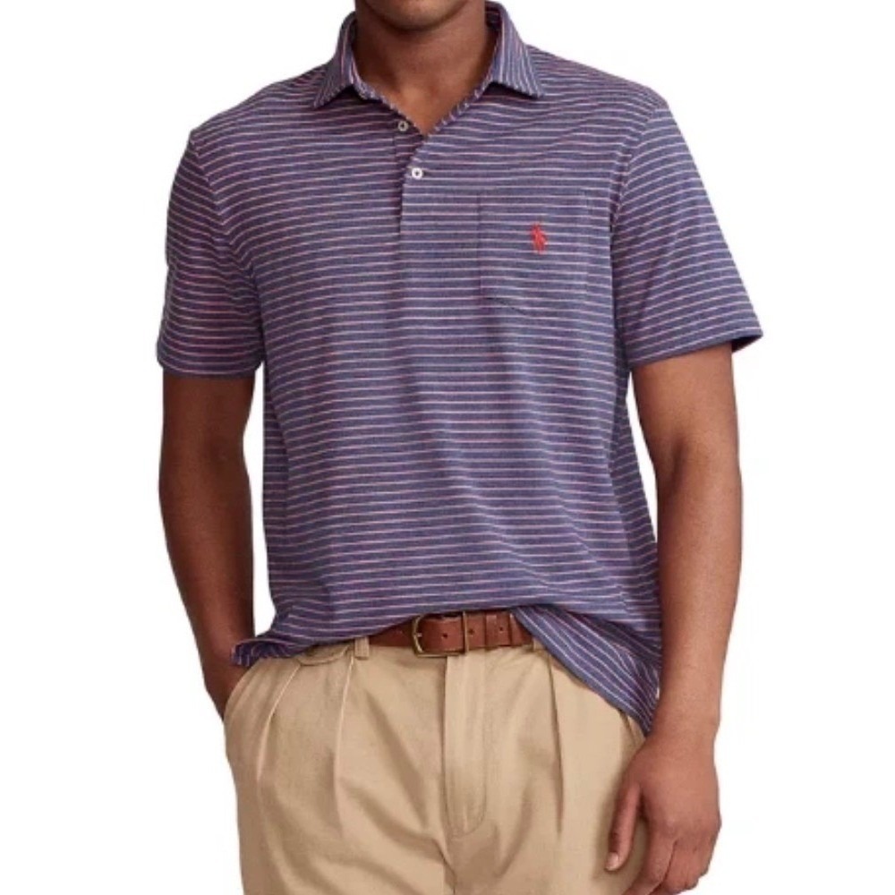 Polo Ralph Lauren Striped Golf Polo Shirt Men Sz L Navy Blue Logo Preppy Classic